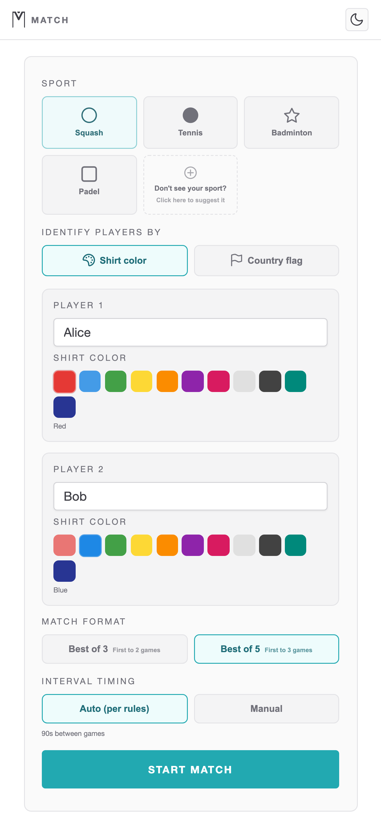 Match setup screen — light mode